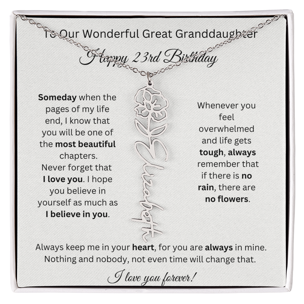 Birthflower Name Necklace To My Great Granddaughter's 23rd Birthday