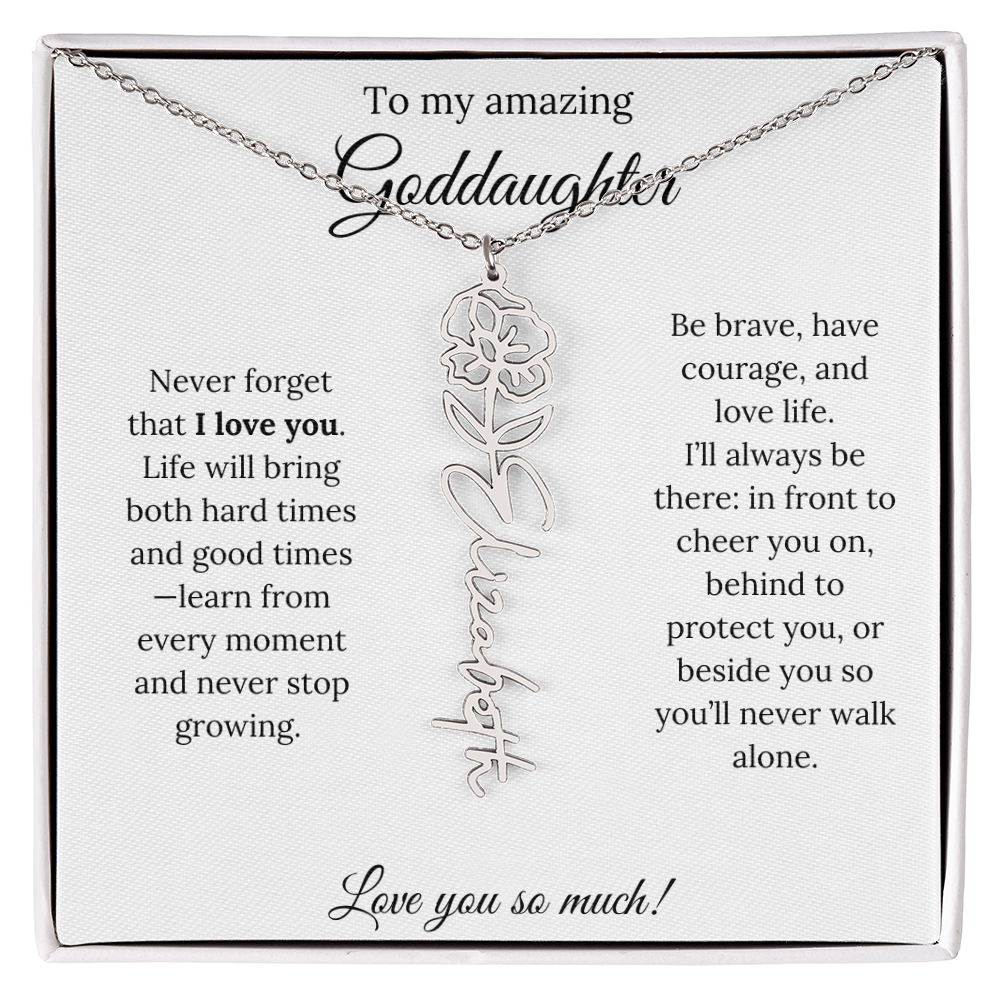 Never Forget I Love You Goddaughter Necklace – Personalized Birth Flower Jewelry + Quote Card Gift for Birthday
