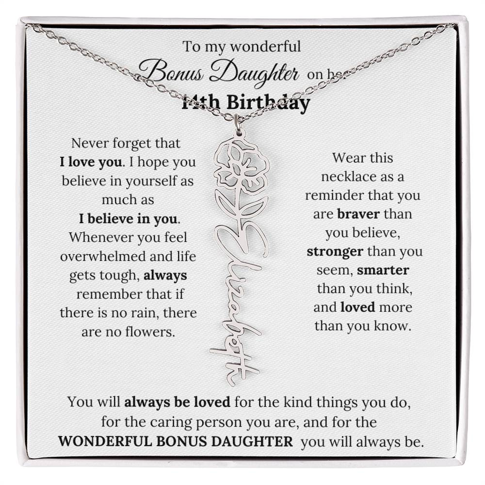To My Wonderful Bonus Daughter On Her 14th Birthday | I Love You | Flower Name Necklace