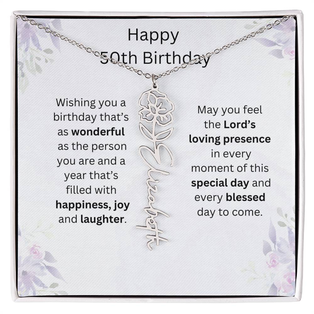 Wishing You Happiness, Joy & Laughter - Happy 50th Birthday | Flower Name Necklace
