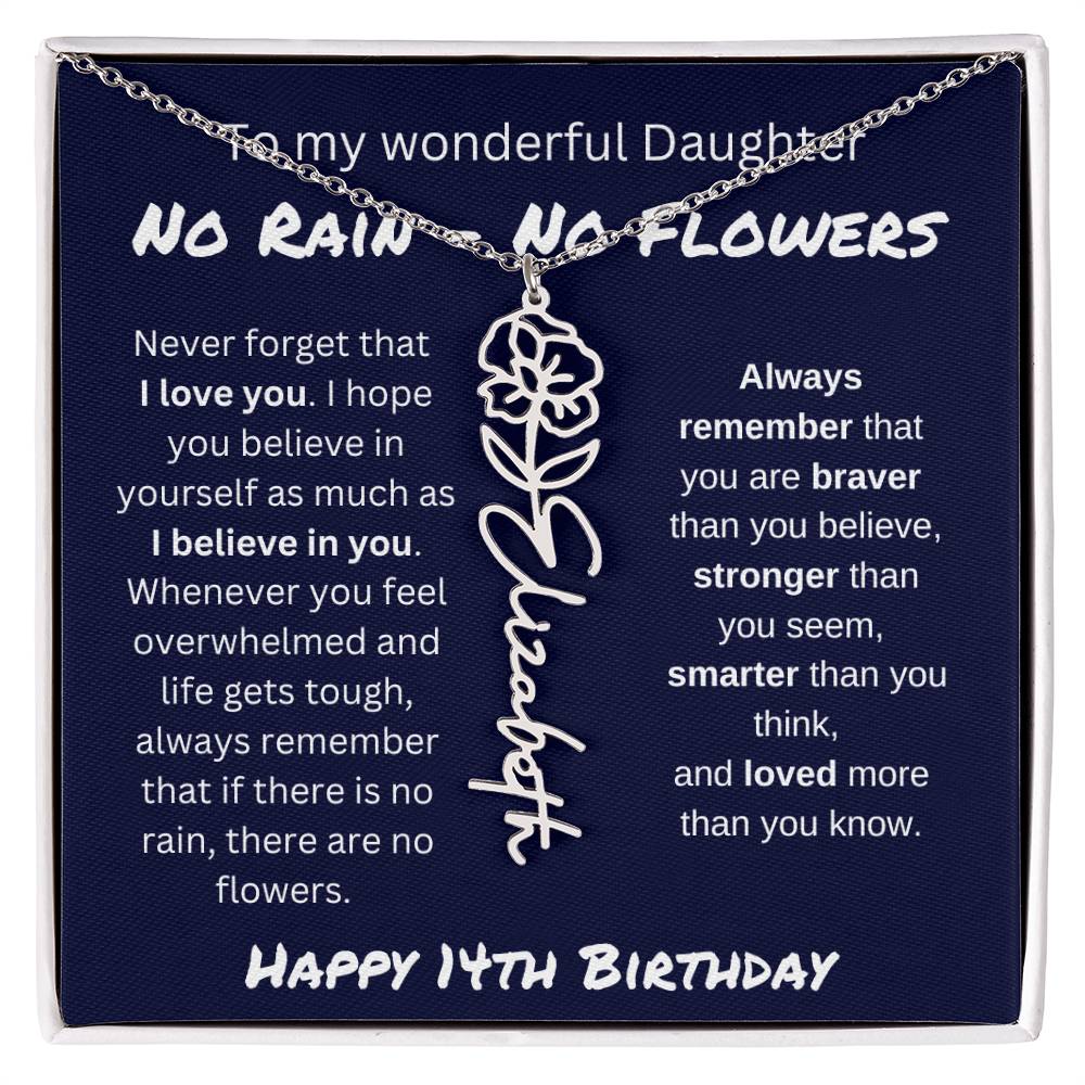 No Rain - No Flower | Happy 14th Birthday | Flower Name Necklace