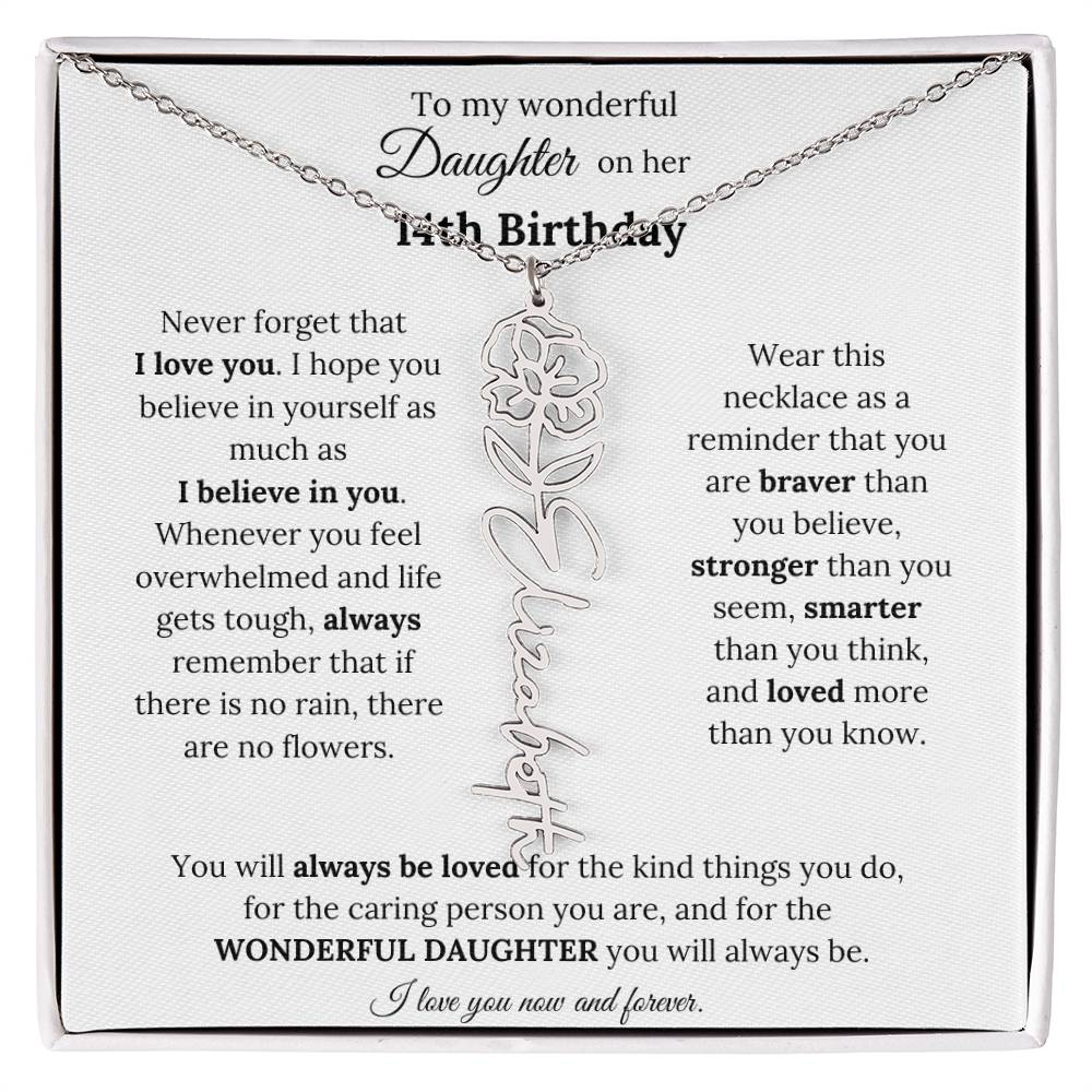 To My Wonderful Daughter On Her 14th Birthday - I Love You - Flower Name Necklace