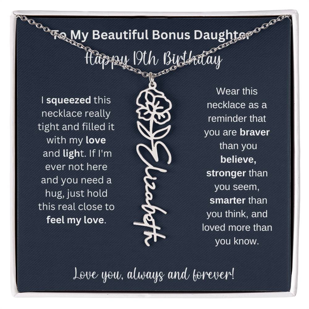 To My Beautiful Bonus Daughter | Happy 19th Birthday | Flower Name Necklace