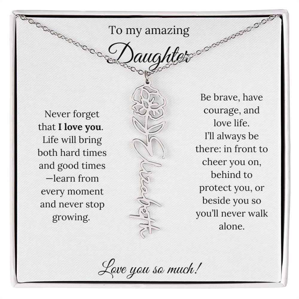 Personalized Daughter Necklace with Birth Flower Name & Inspiring Quote Card