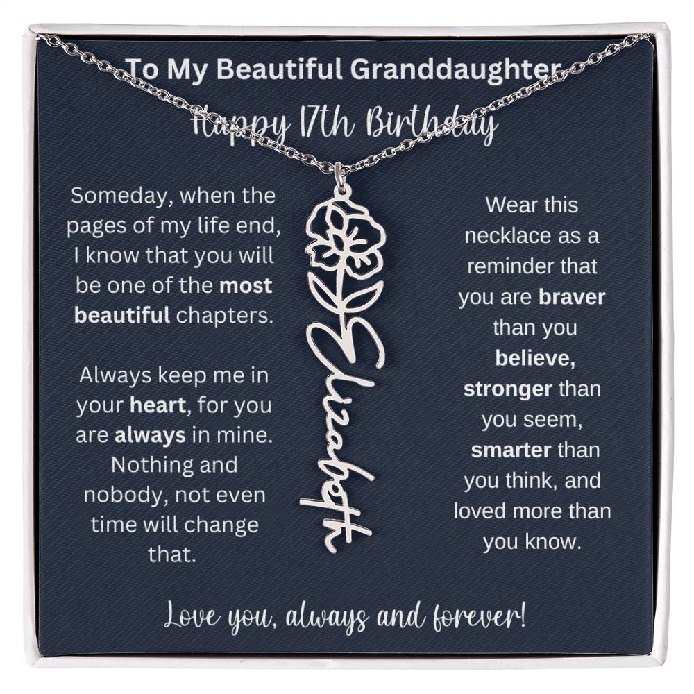 17th Birthday Gift For Granddaughter | Personalized Birth Flower Name Necklace