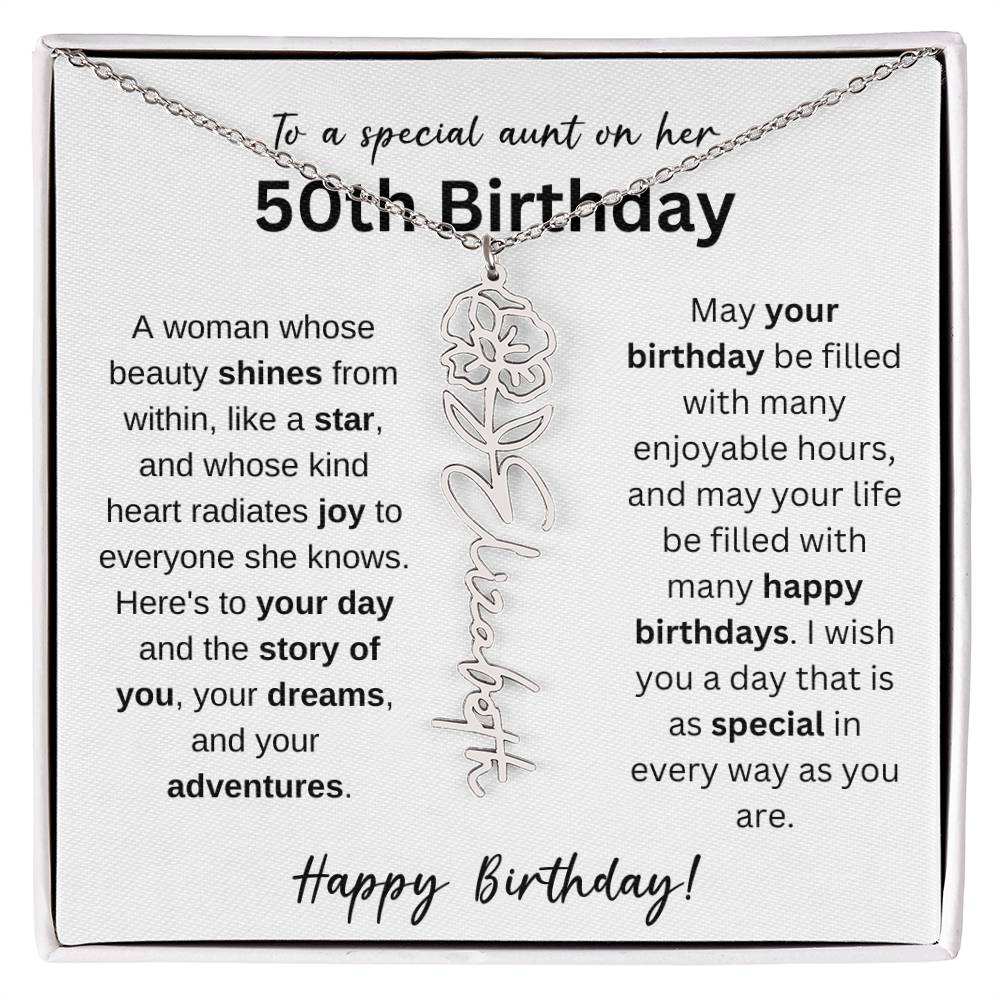 To A Special Aunt Happy 50th Birthday - Flower Name Necklace