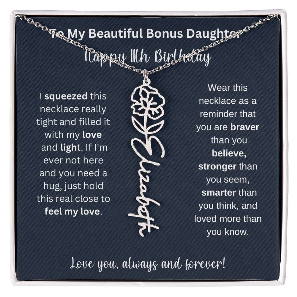 To My Beautiful Bonus Daughter | Happy 11th Birthday | Flower Name Necklace