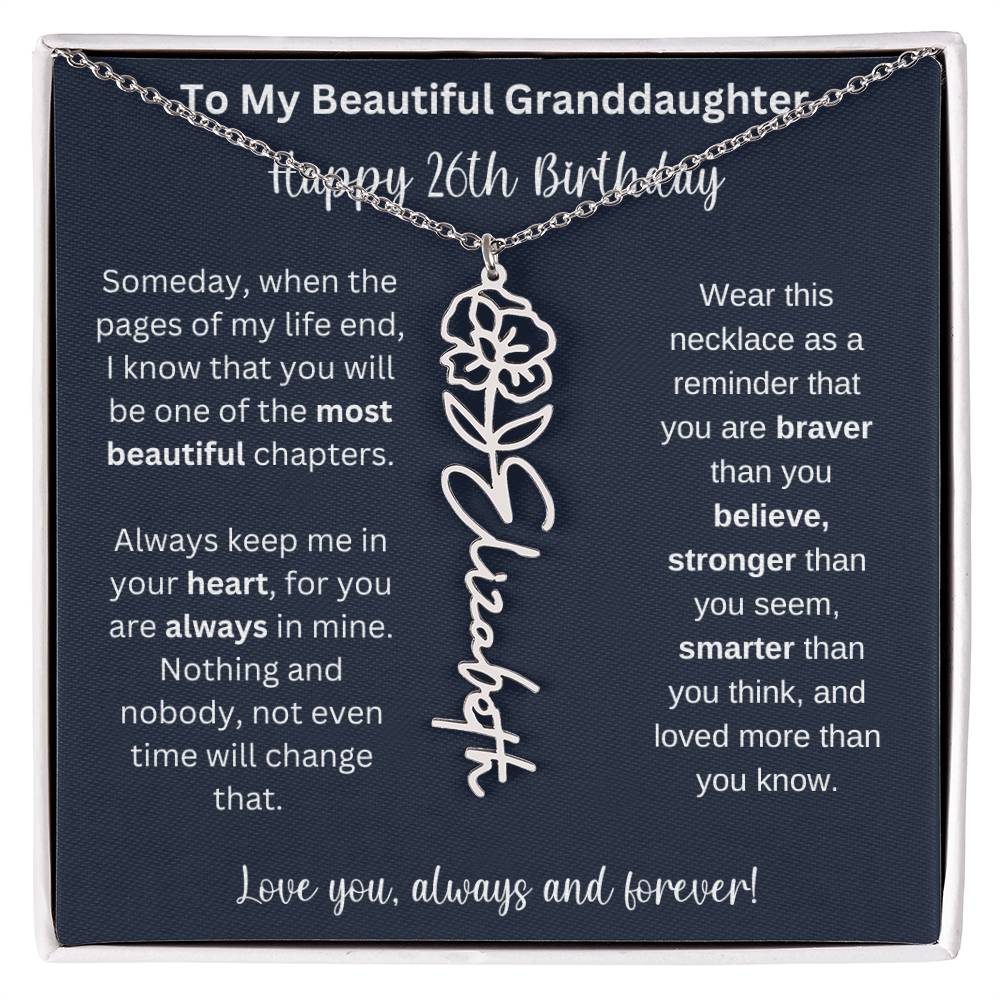 26th Birthday Gift For Granddaughter | Personalized Birth Flower Name Necklace