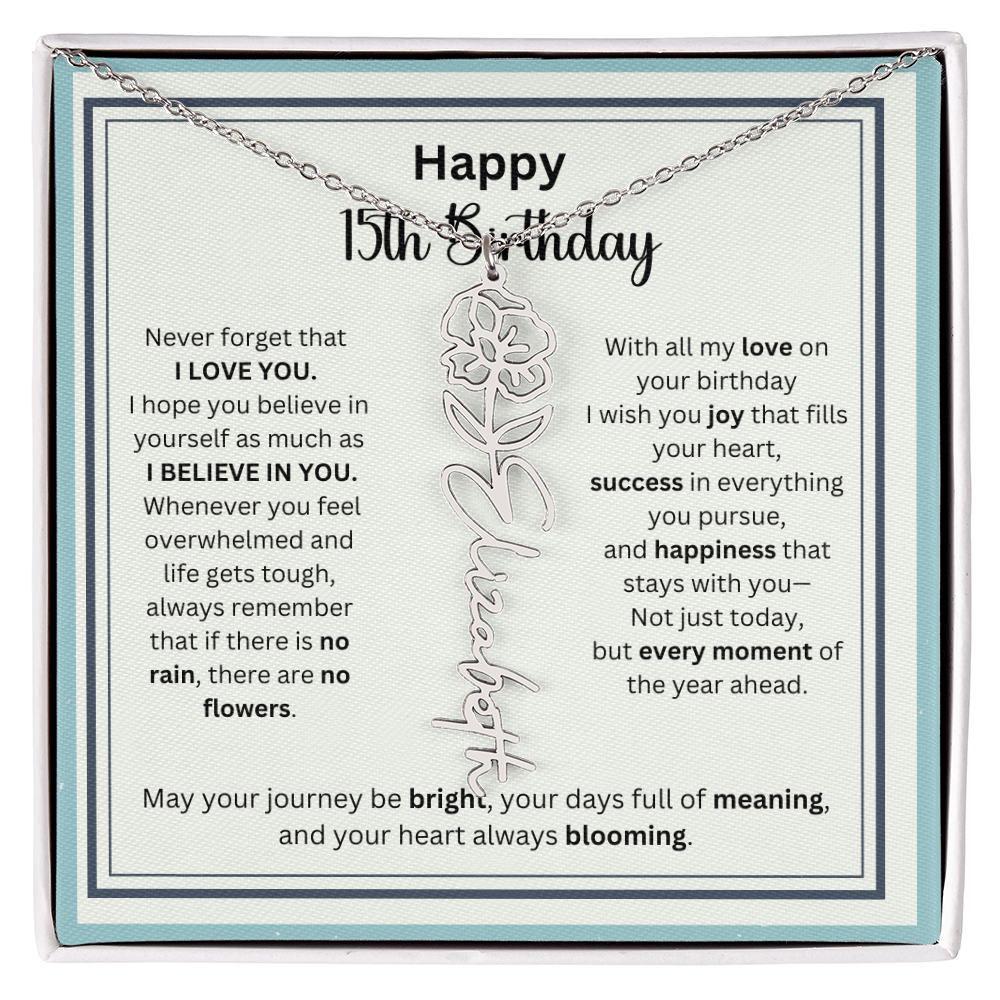 Personalized 15th Birthday Gift for Her - Birth Flower Necklace with Card