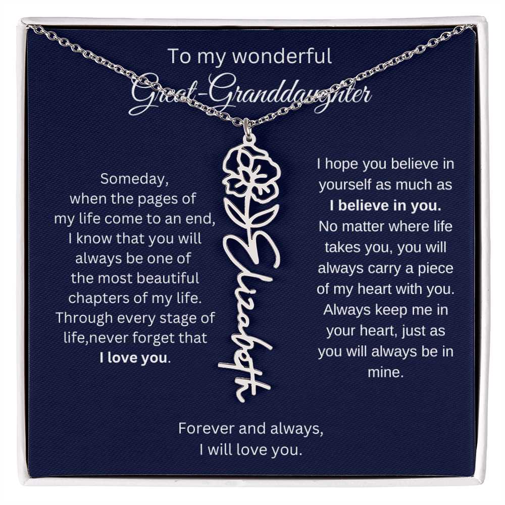 Great Granddaughter Jewelry Gift - Birth Flower Name Necklace