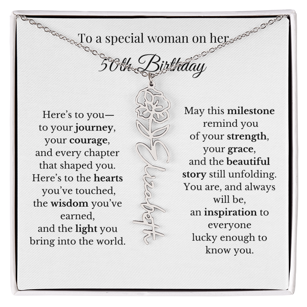 50th Birthday Gift To A Special Woman | Personalized Birth Flower Name Necklace