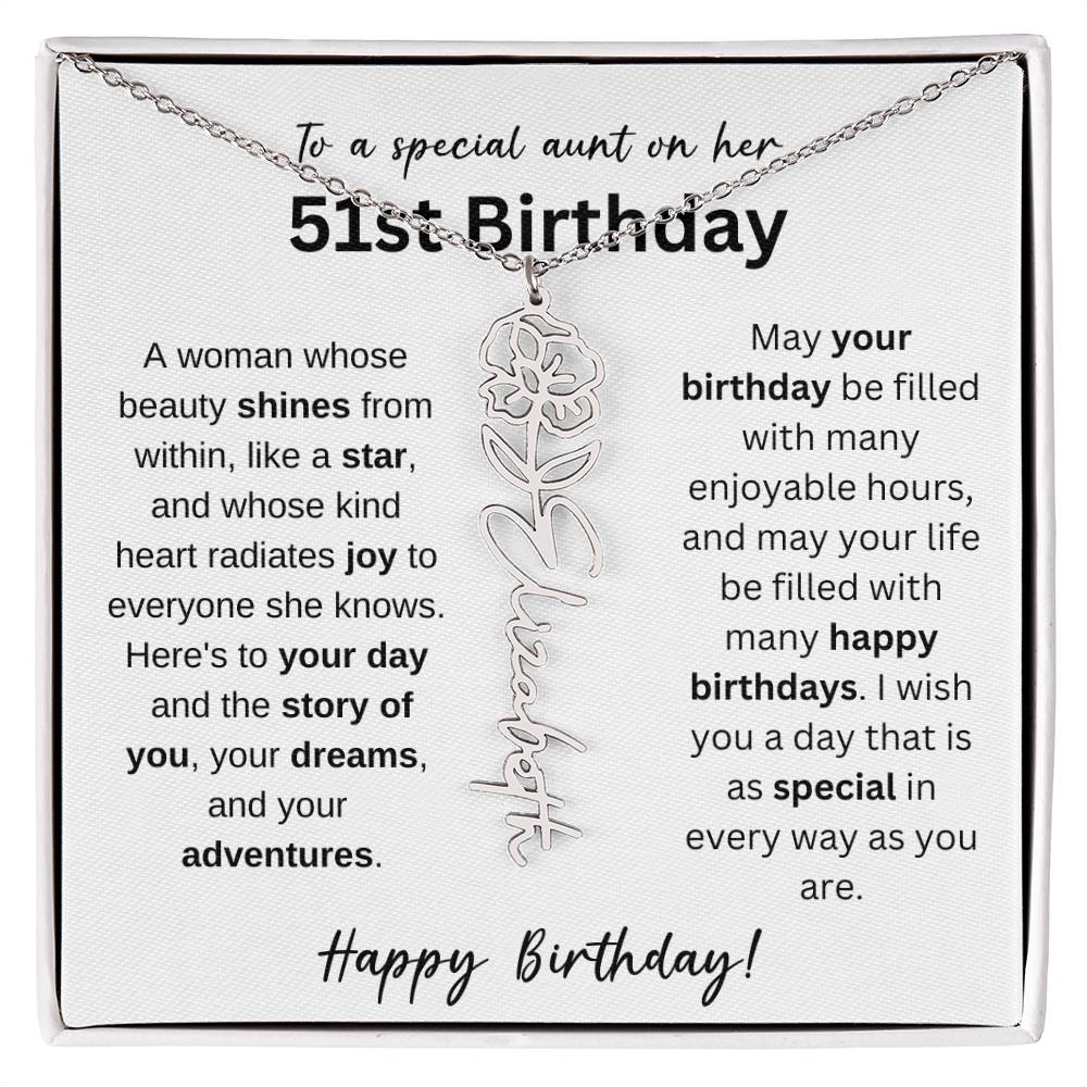 To A Special Aunt Happy 51st Birthday - Flower Name Necklace