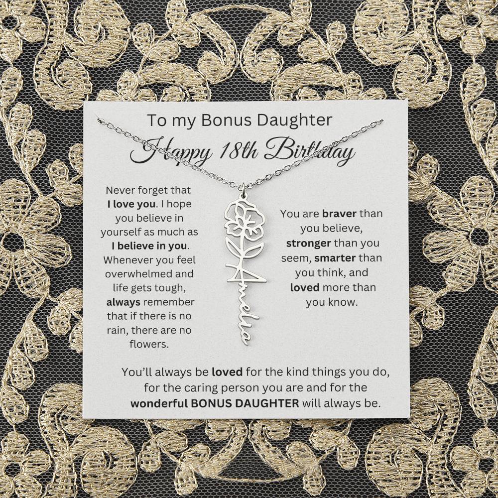 To My Bonus Daughter | Happy 18th Birthday | Flower Name Necklace