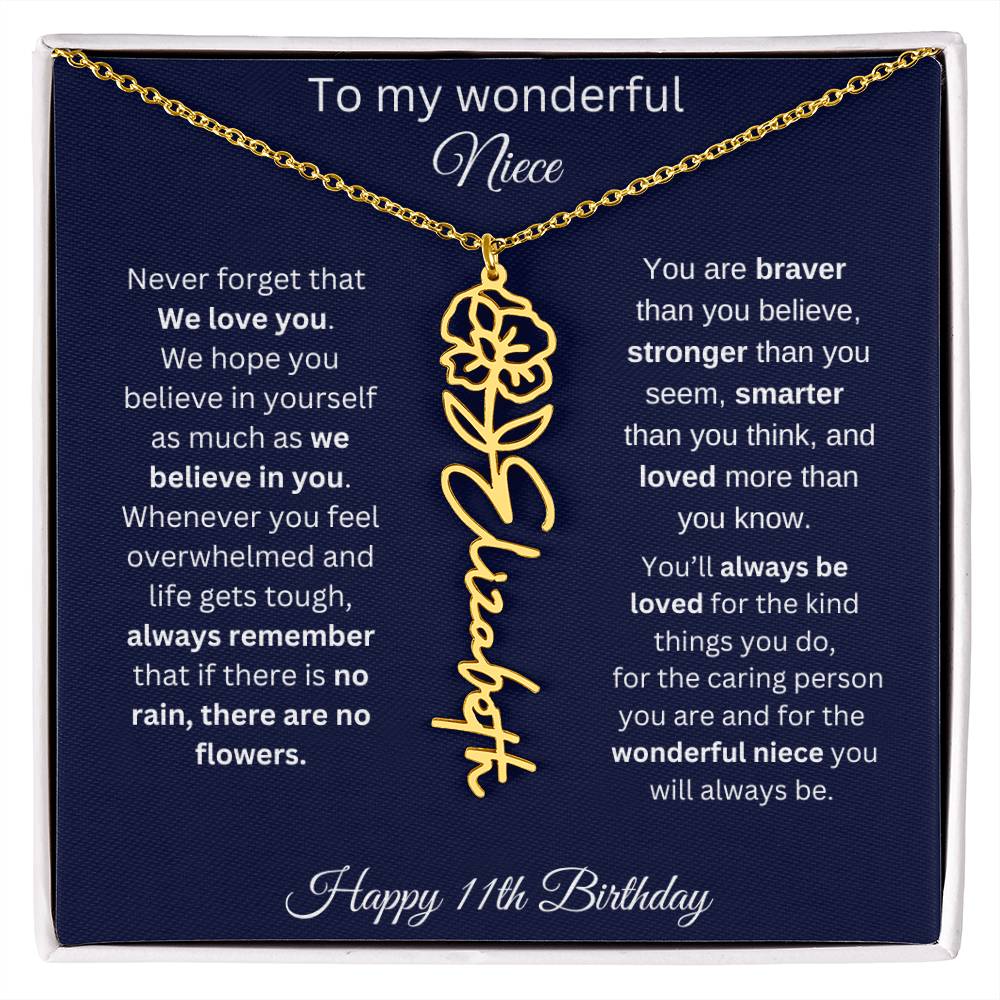 11th Birthday Gift For Niece - Personalized Birthmonth Flower Name Necklace