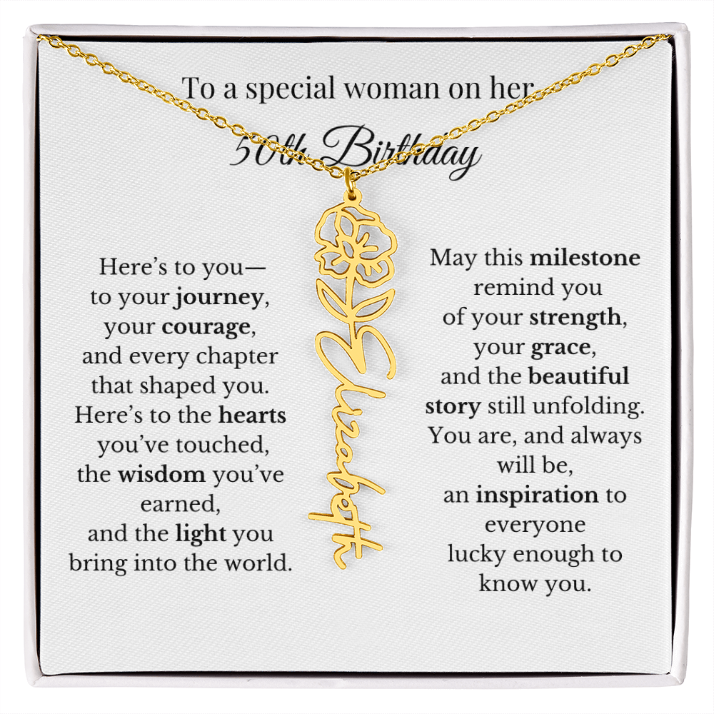 50th Birthday Gift To A Special Woman | Personalized Birth Flower Name Necklace