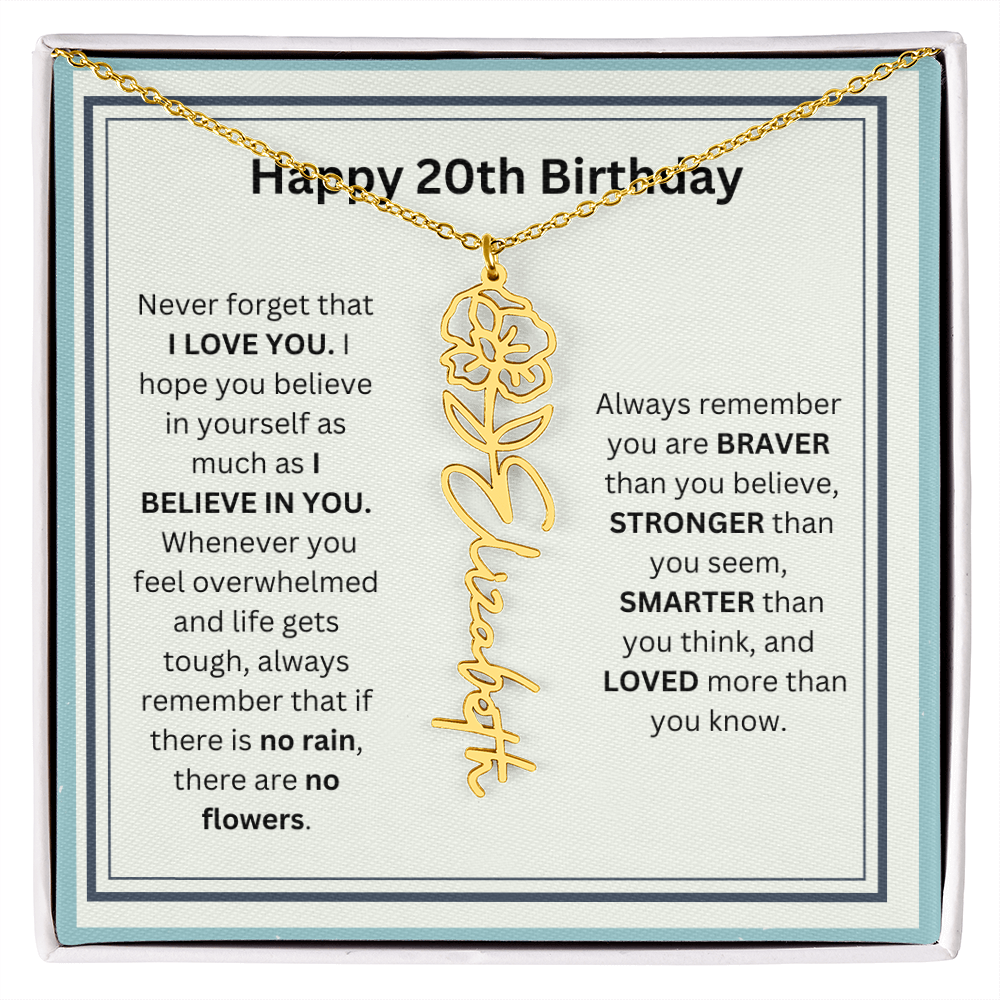 Personalized 20th Birthday Flower Name Necklace Gift