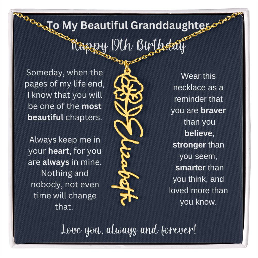 19th Birthday Gift For Granddaughter | Personalized Birth Flower Name Necklace
