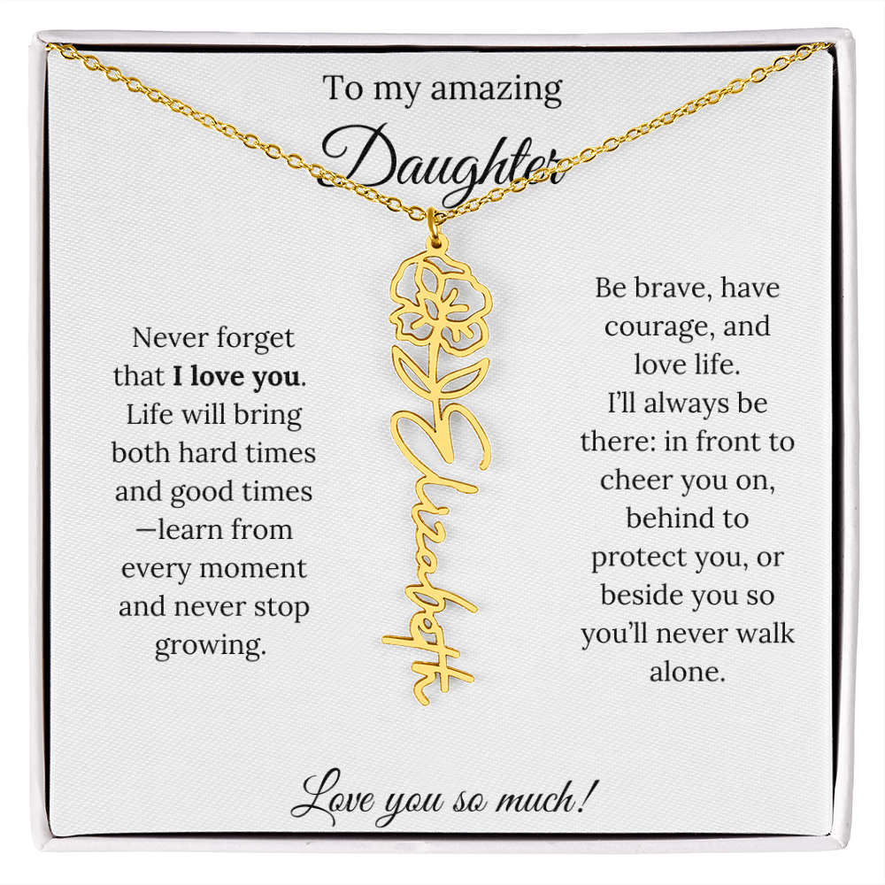 Personalized Daughter Necklace with Birth Flower Name & Inspiring Quote Card
