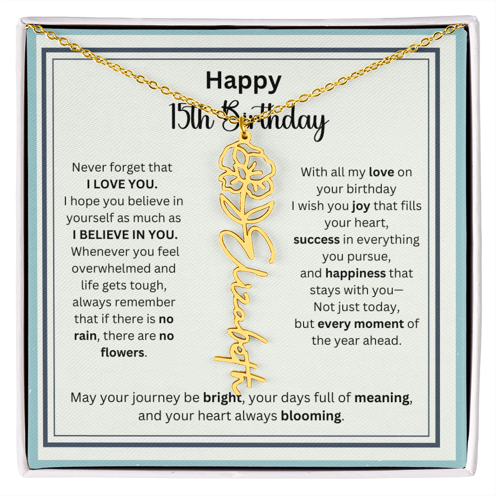 Personalized 15th Birthday Gift for Her - Birth Flower Necklace with Card