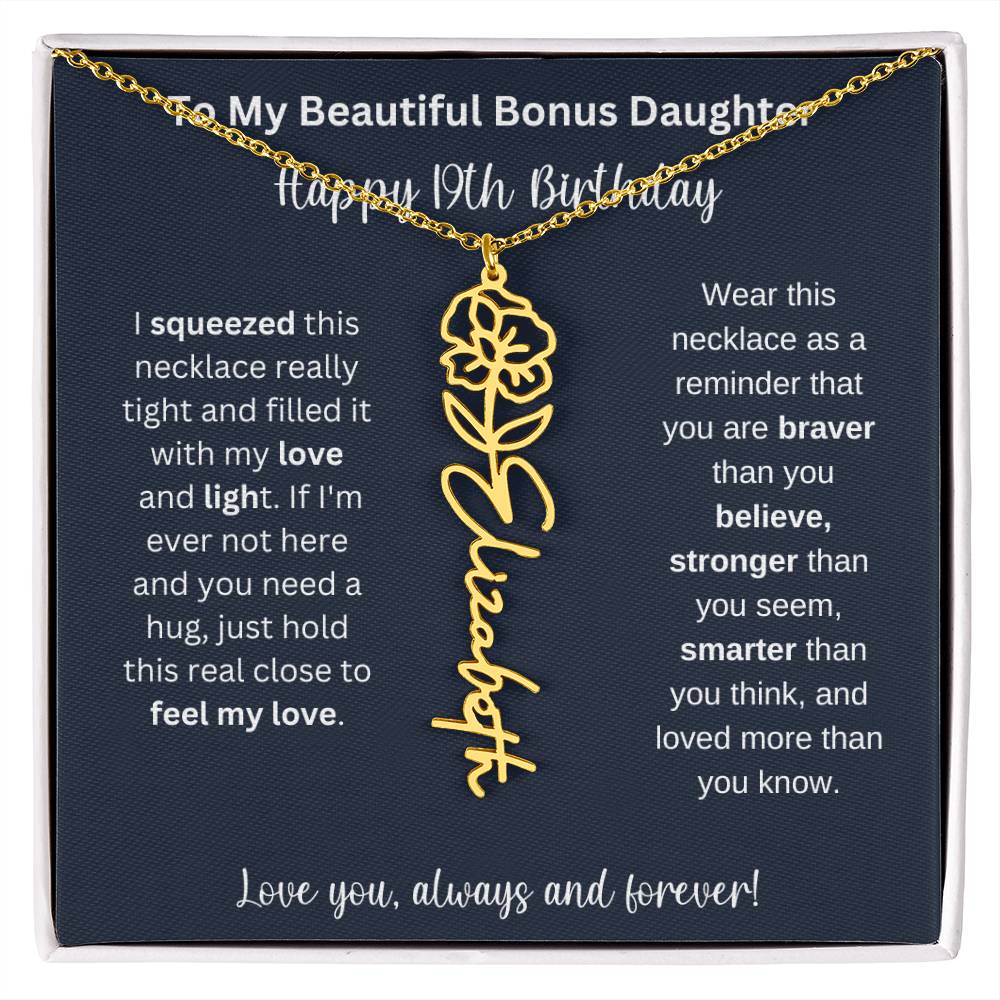 To My Beautiful Bonus Daughter | Happy 19th Birthday | Flower Name Necklace