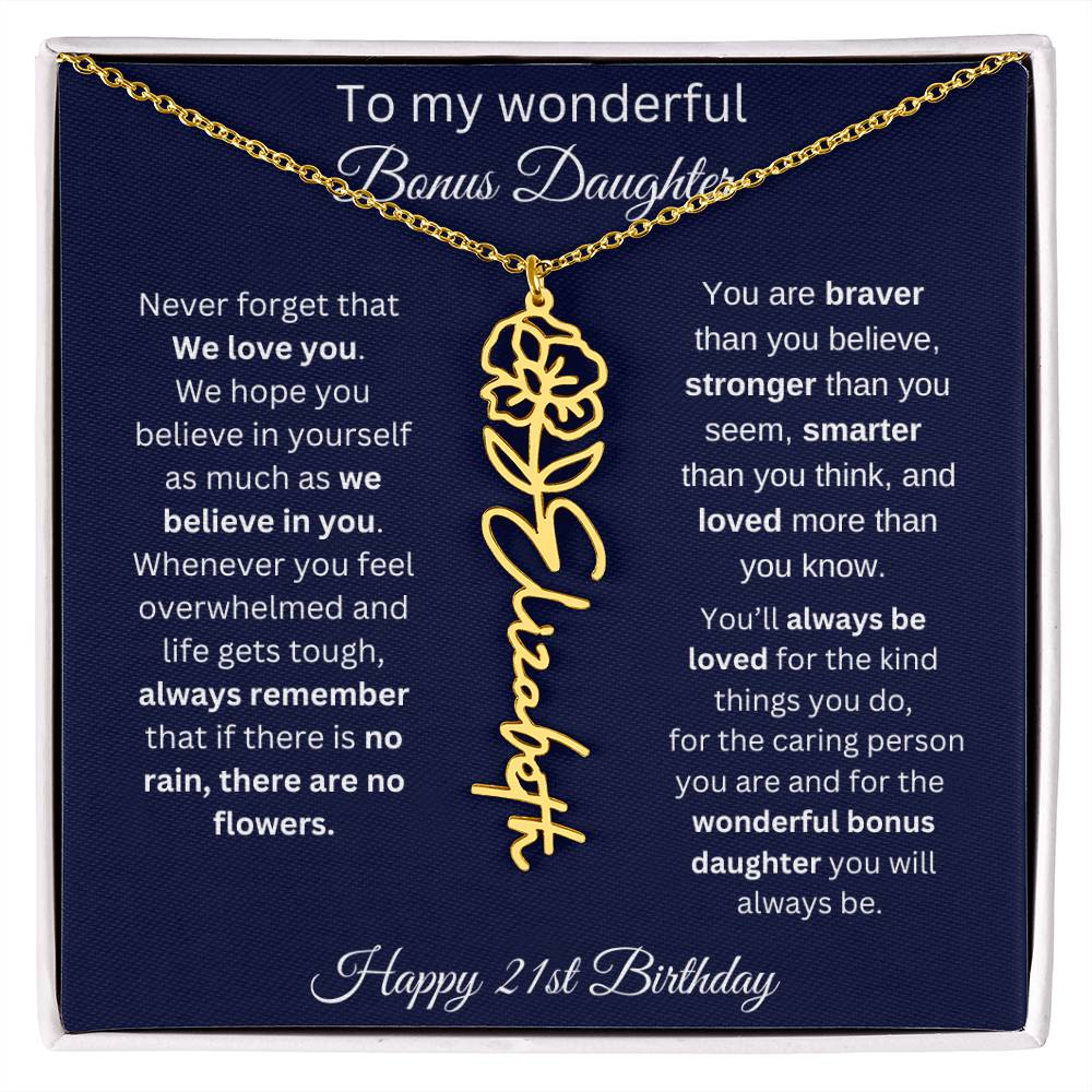 21st Birthday Gift For Bonus Daughter - Personalized Birthmonth Flower Name Necklace
