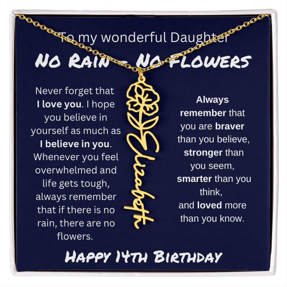 No Rain - No Flower | Happy 14th Birthday | Flower Name Necklace
