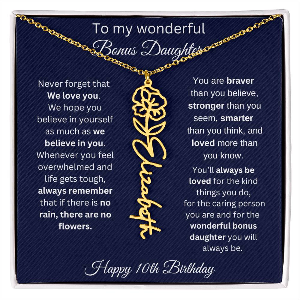 10th Birthday Gift For Bonus Daughter - Personalized Birthmonth Flower Name Necklace