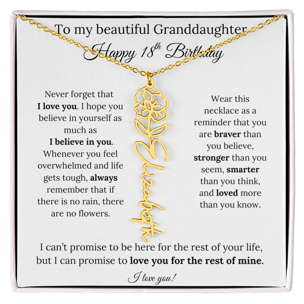18th Birthday Gift for Granddaughter Flower Name Necklace with Message Card
