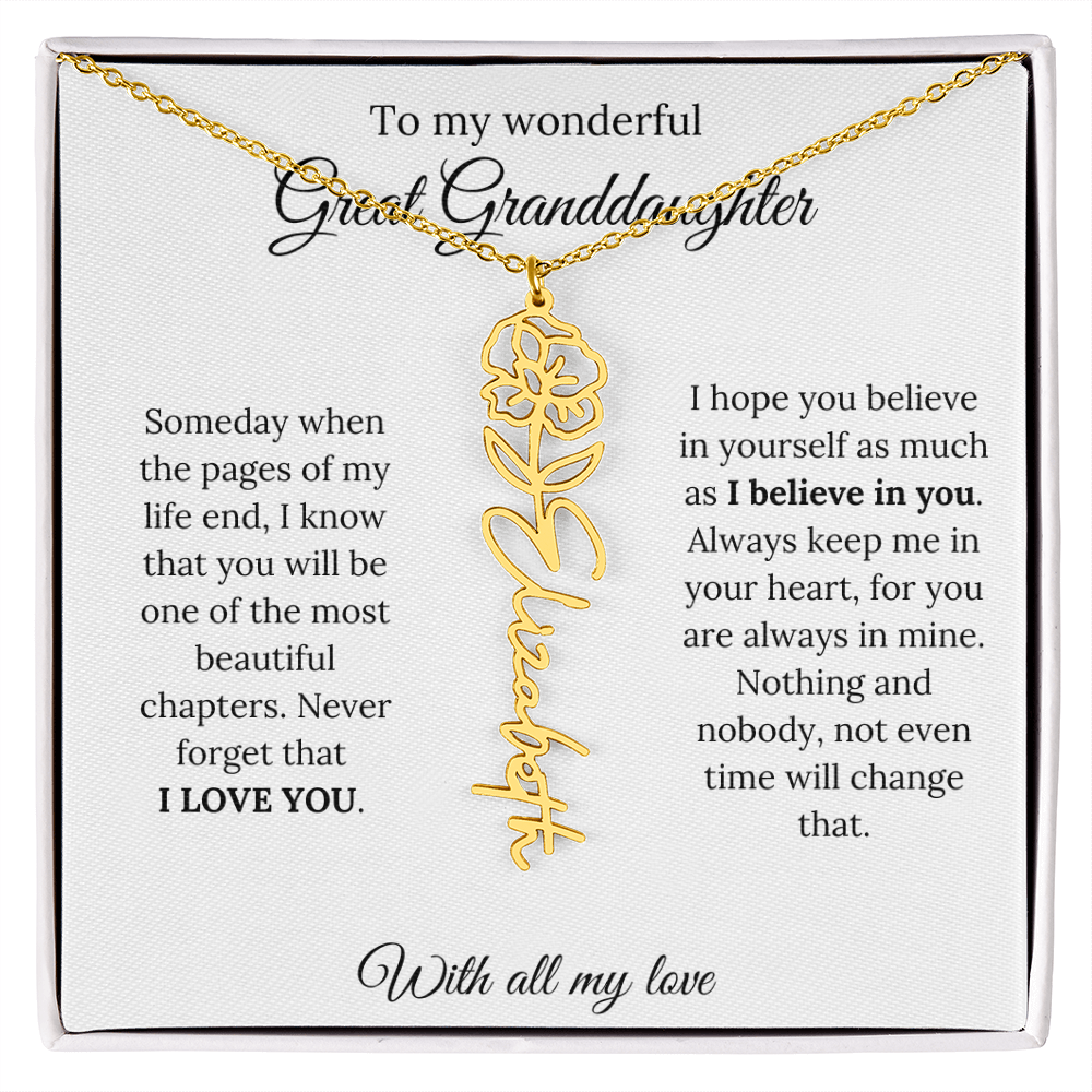 Great Granddaughter Birth Flower Name Necklace – “You Are One of the Most Beautiful Chapters” – Custom Keepsake Jewelry Gift