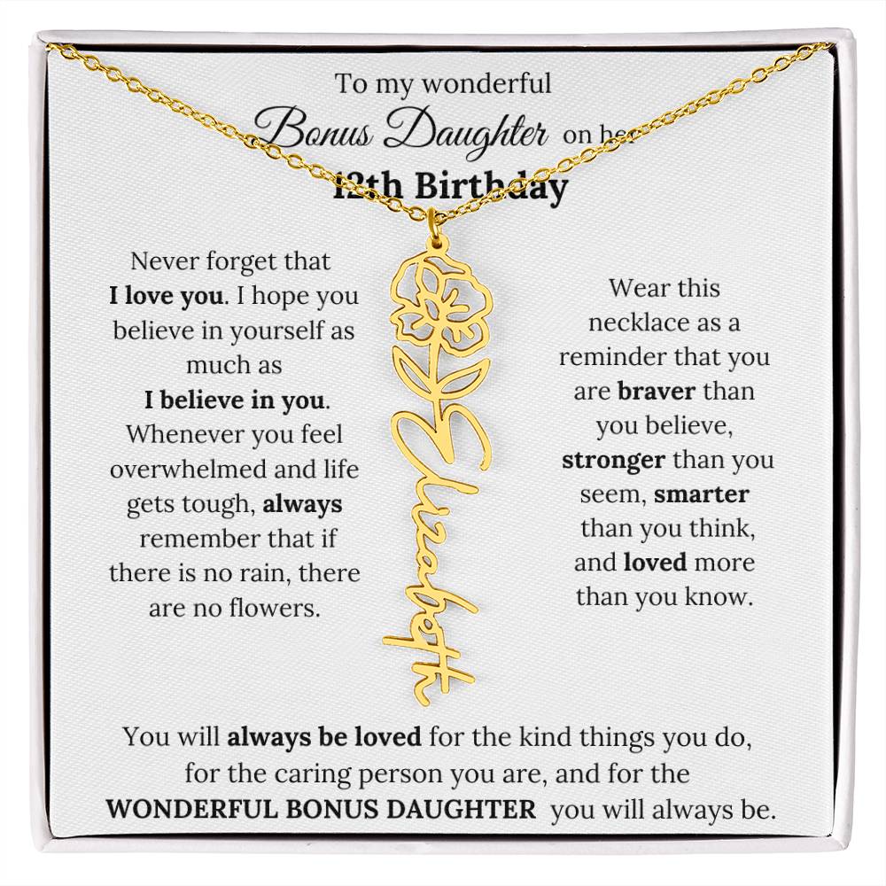 To My Wonderful Bonus Daughter On Her 12th Birthday | I Love You | Flower Name Necklace