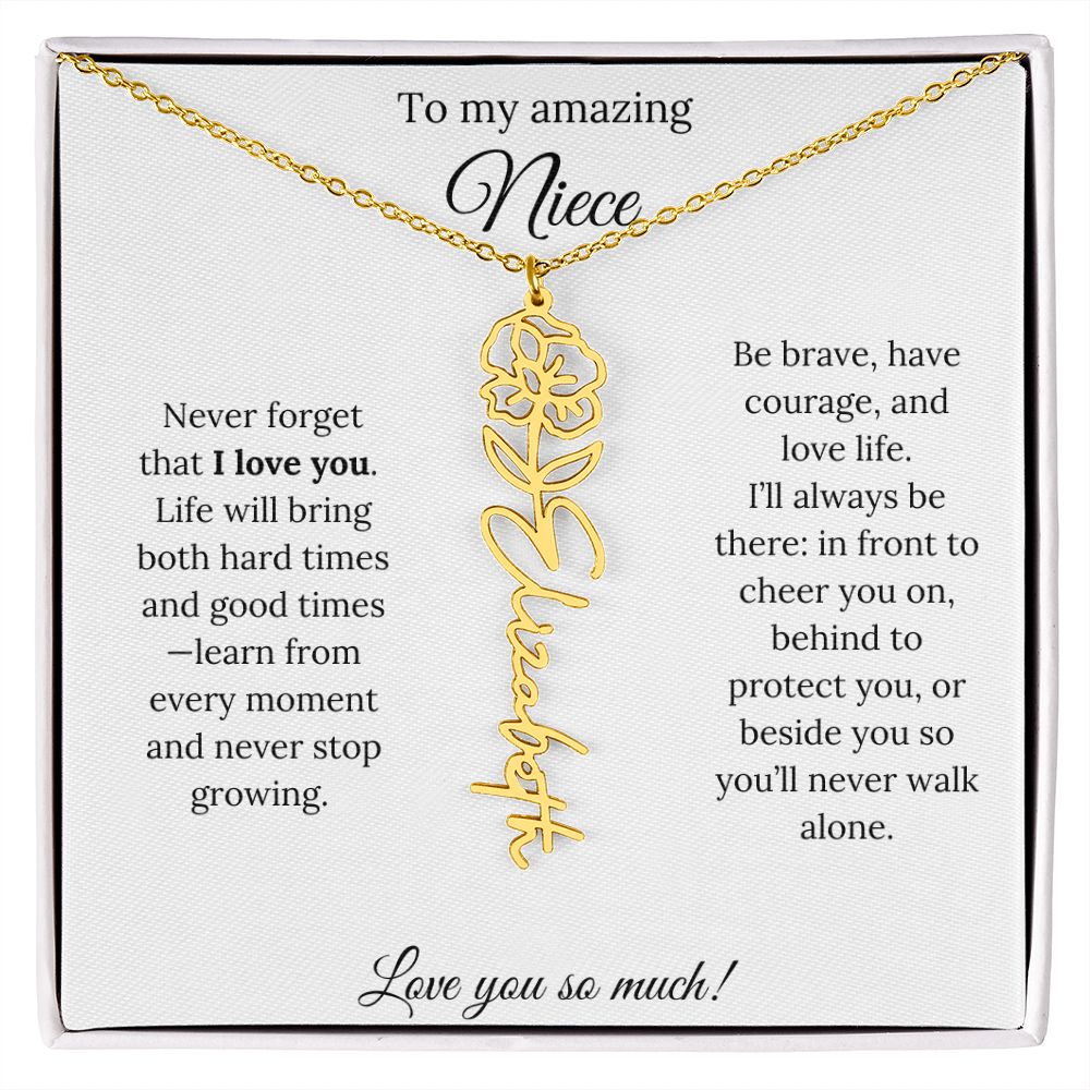 Niece Gift – Birth Flower Name Necklace + Inspiring Message Card
