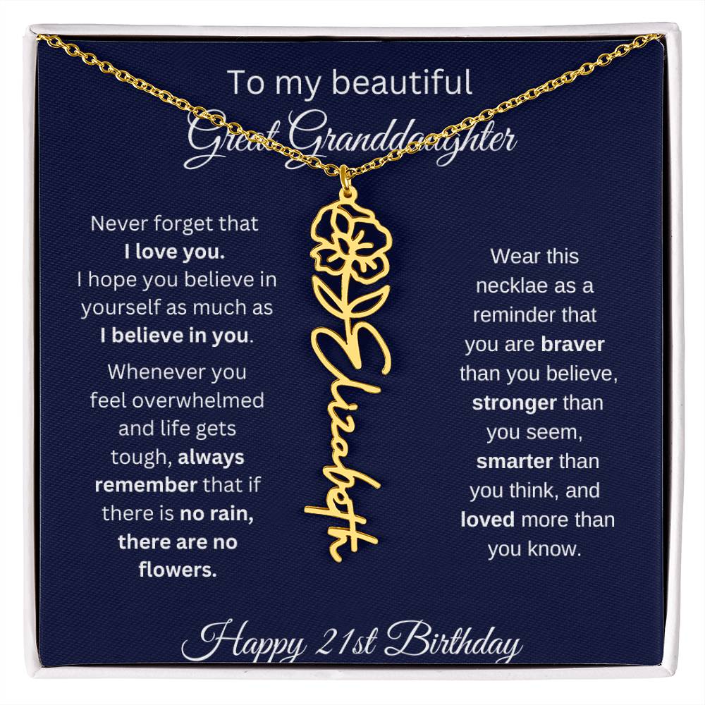 Personalized 21st Birthday Gift Great Granddaughter | Flower Name Necklace
