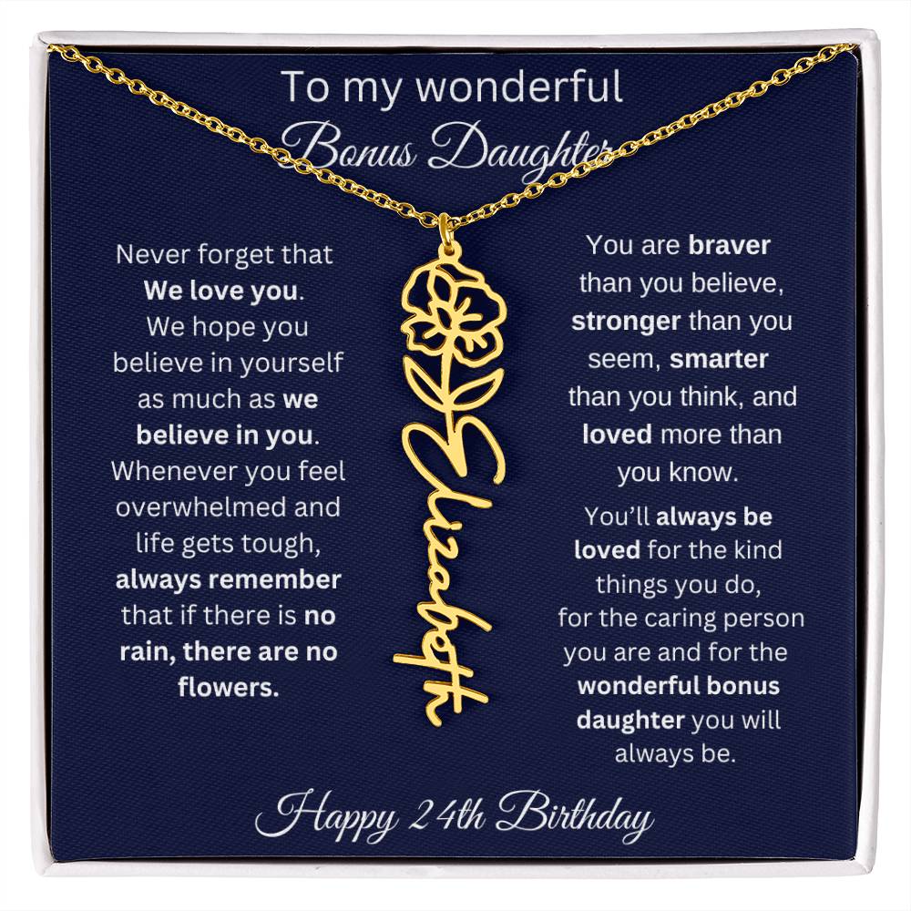 24th Birthday Gift For Bonus Daughter - Personalized Birthmonth Flower Name Necklace