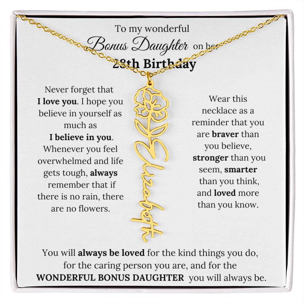 To My Wonderful Bonus Daughter On Her 28th Birthday | I Love You | Flower Name Necklace