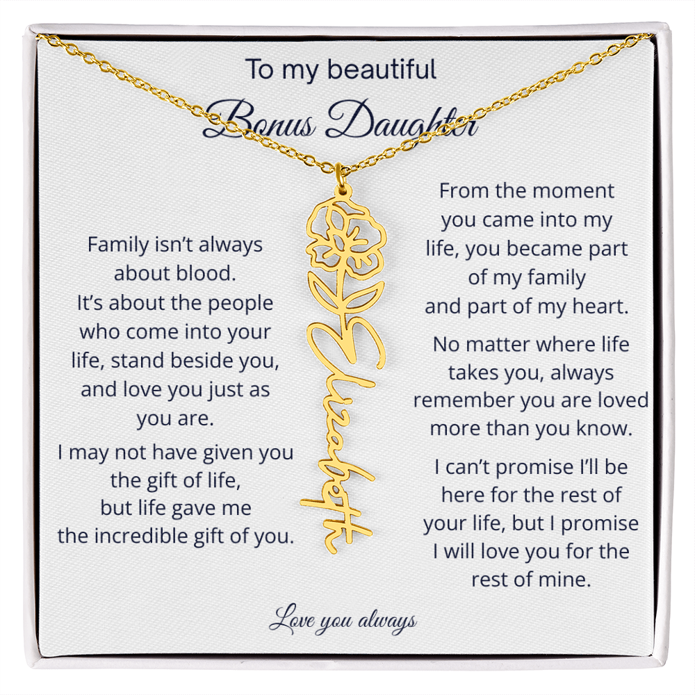 Bonus Daughter Jewelry Gift - Personalized Birth Flower Name Necklace