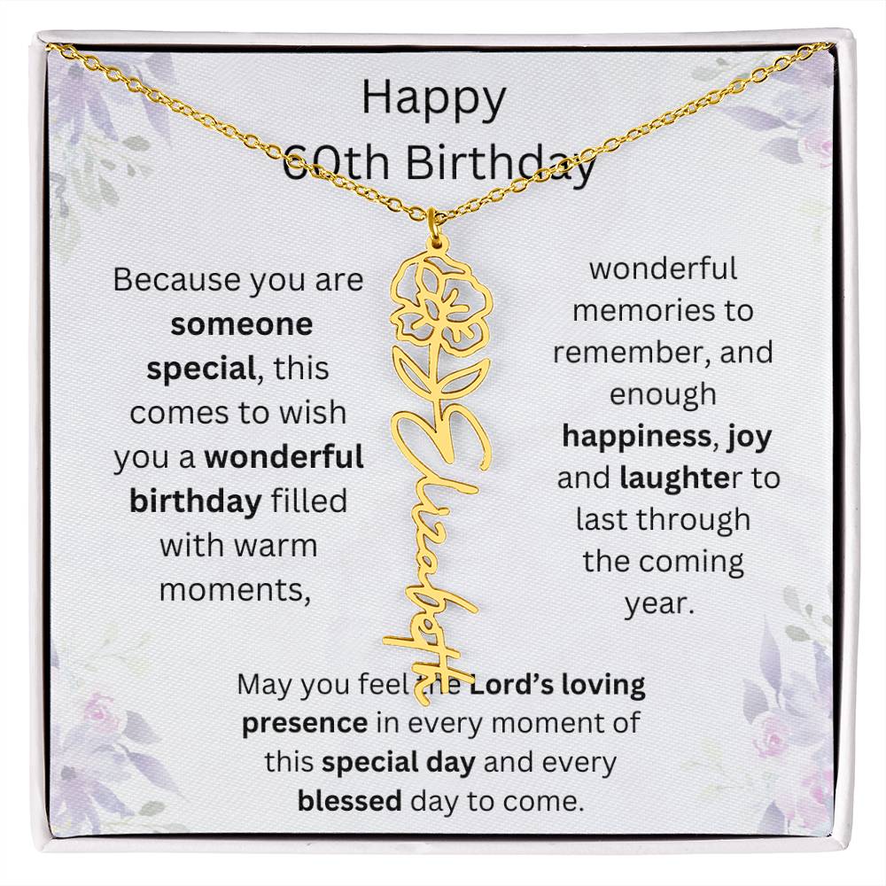 Wishing You Happiness, Joy & Laughter - Happy 60th Birthday | Flower Name Necklace