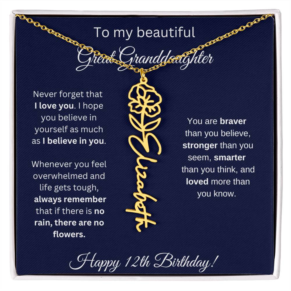 12th Birthday Gift For Great Granddaughter - Birthmonth Flower Name Necklace