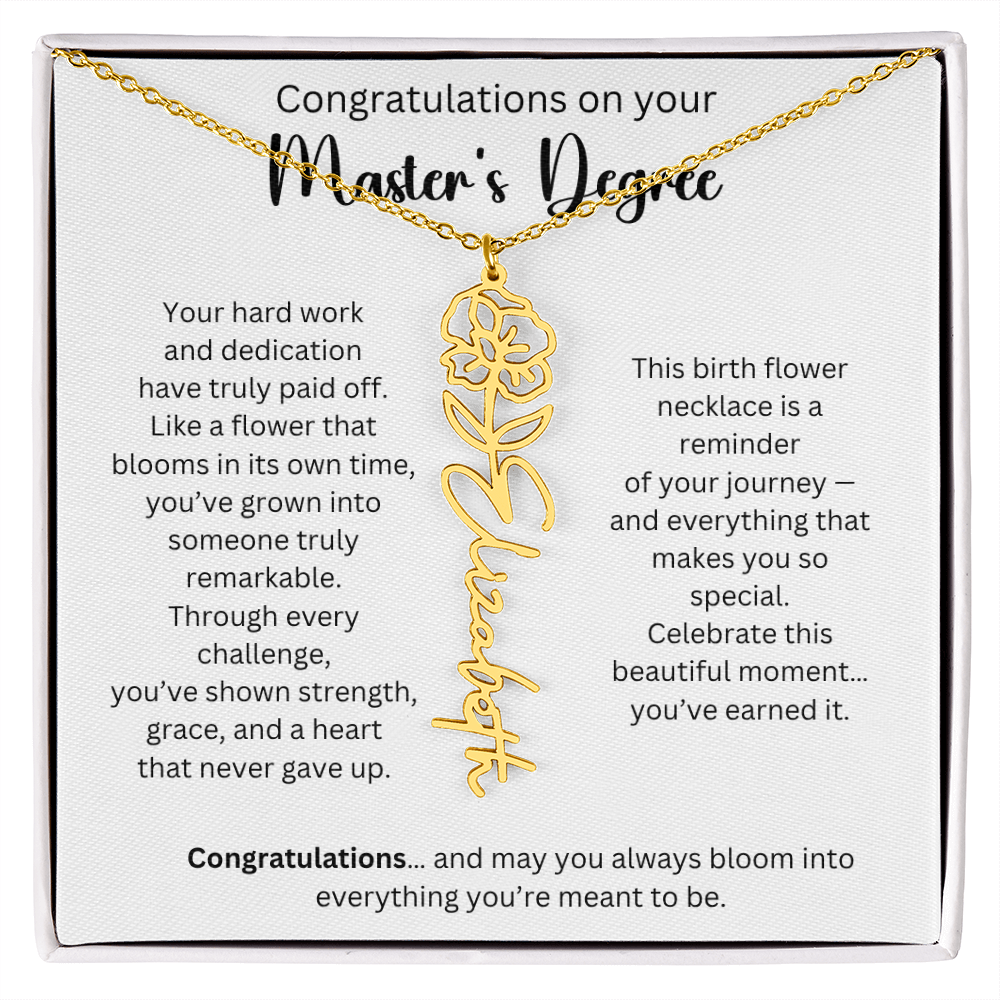 Personalized Masters Graduation Keepsake Gift - Birth Flower Name Necklace