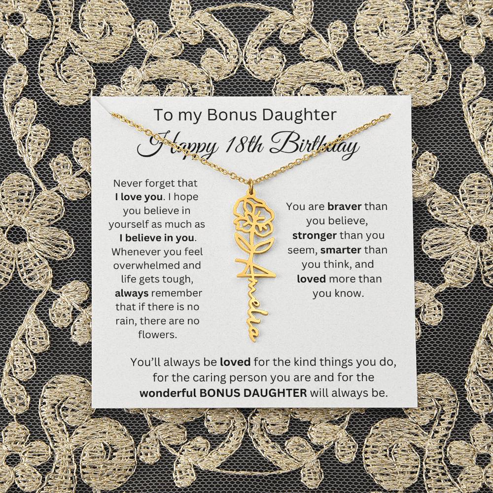 To My Bonus Daughter | Happy 18th Birthday | Flower Name Necklace
