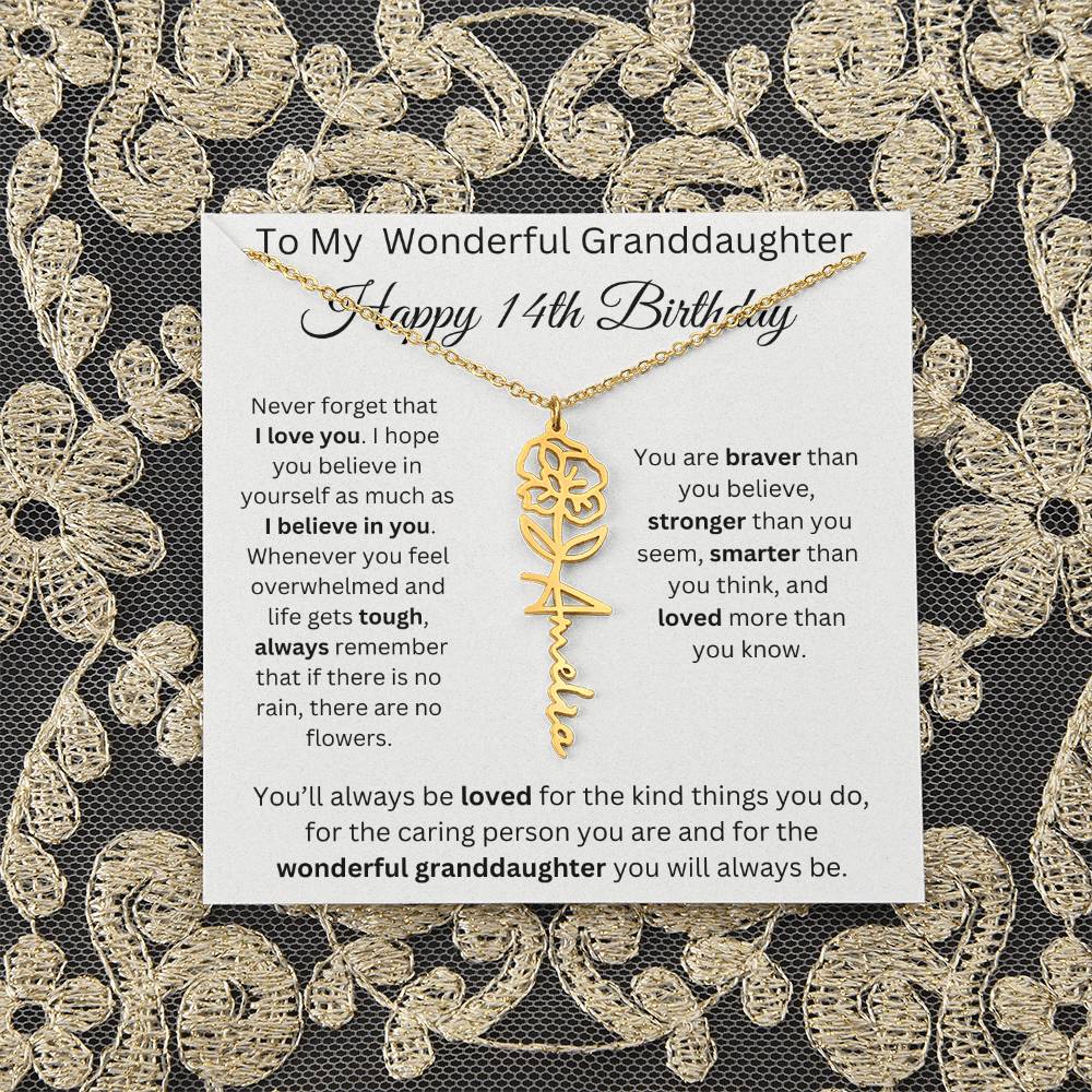 To My Wonderful Granddaughter - Happy 14th Birthday - Flower Name Necklace