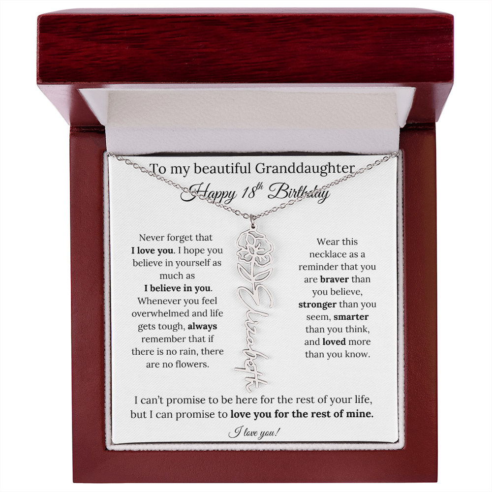 18th Birthday Gift for Granddaughter Flower Name Necklace with Message Card