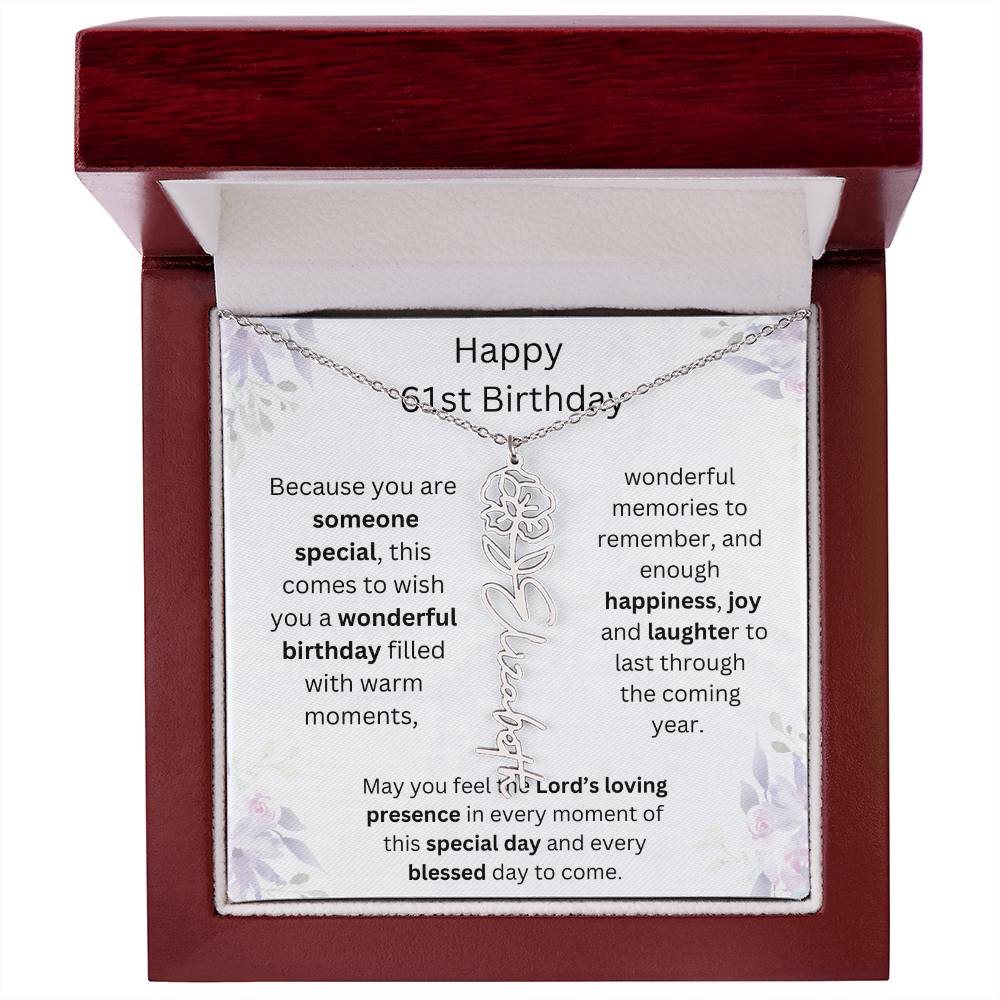 Wishing You Happiness, Joy & Laughter - Happy 61st Birthday | Flower Name Necklace