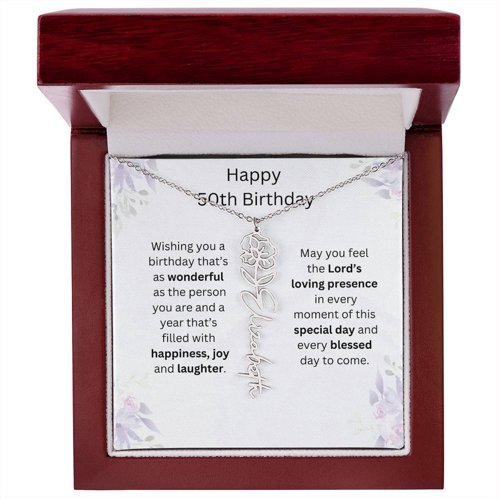 Wishing You Happiness, Joy & Laughter - Happy 50th Birthday | Flower Name Necklace