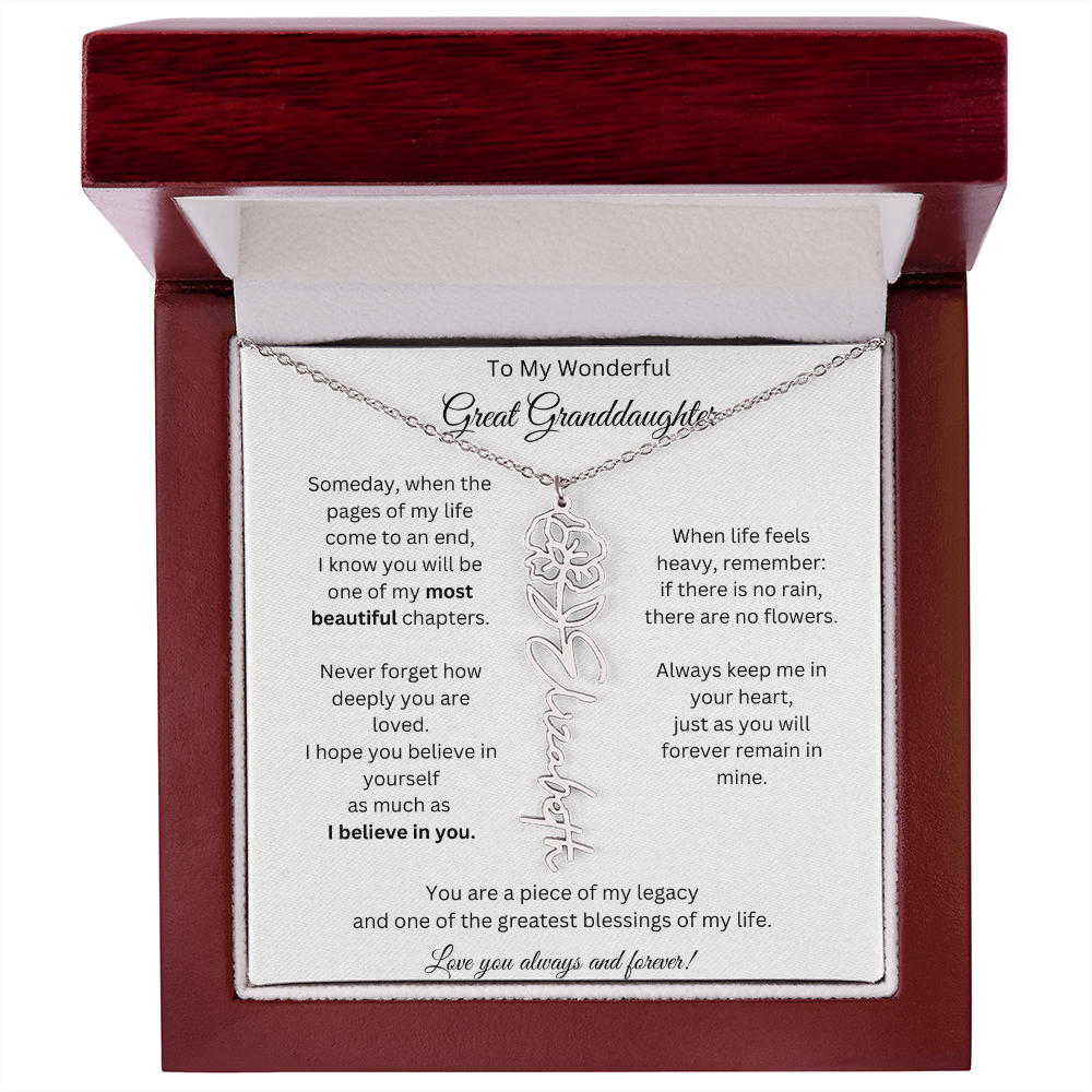 Great Granddaughter Gift - Custom Birth Flower Name Necklace
