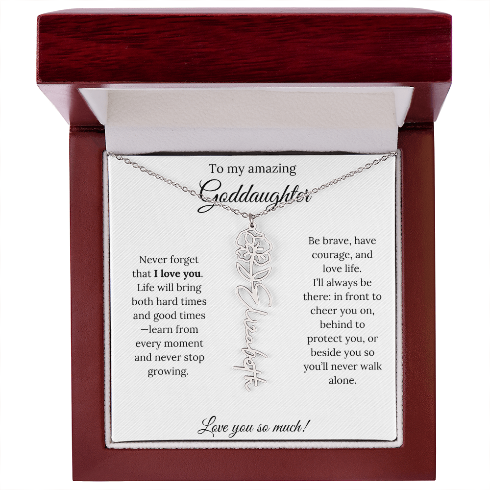 Never Forget I Love You Goddaughter Necklace – Personalized Birth Flower Jewelry + Quote Card Gift for Birthday