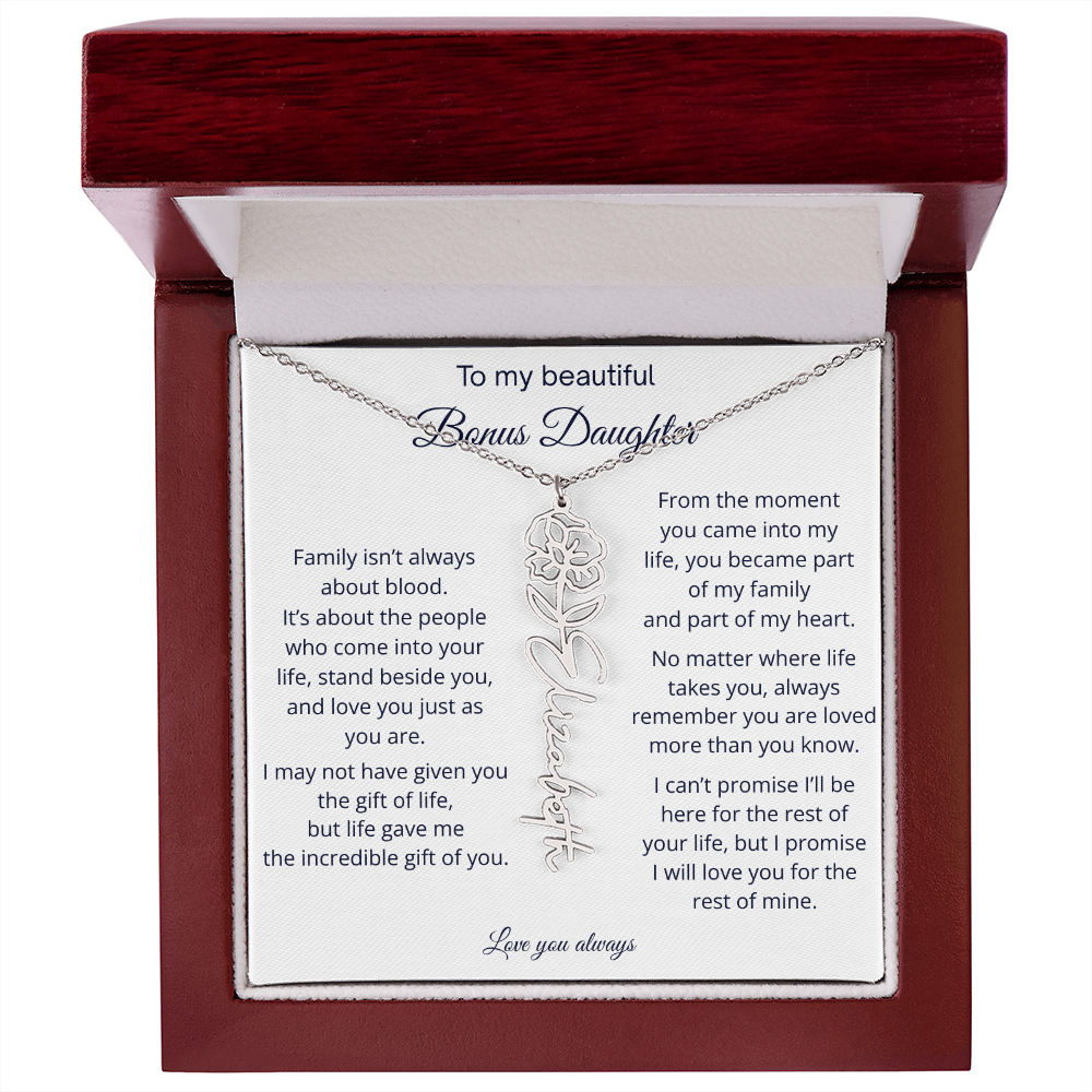 Bonus Daughter Jewelry Gift - Personalized Birth Flower Name Necklace