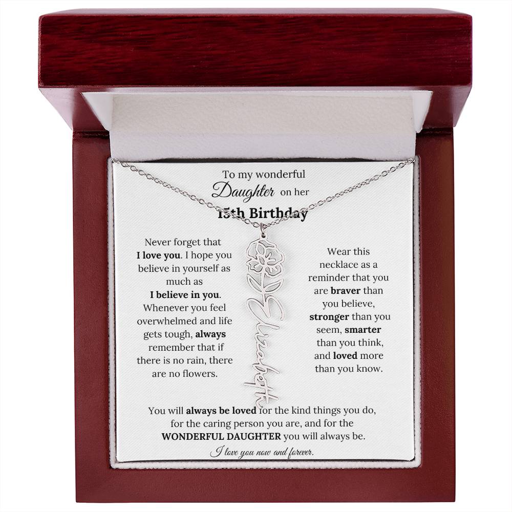 To My Wonderful Daughter On Her 15th Birthday - I Love You - Flower Name Necklace