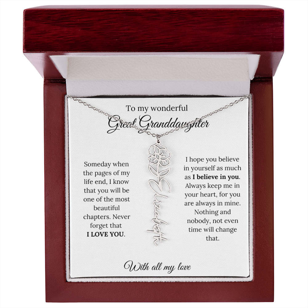 Great Granddaughter Birth Flower Name Necklace – “You Are One of the Most Beautiful Chapters” – Custom Keepsake Jewelry Gift