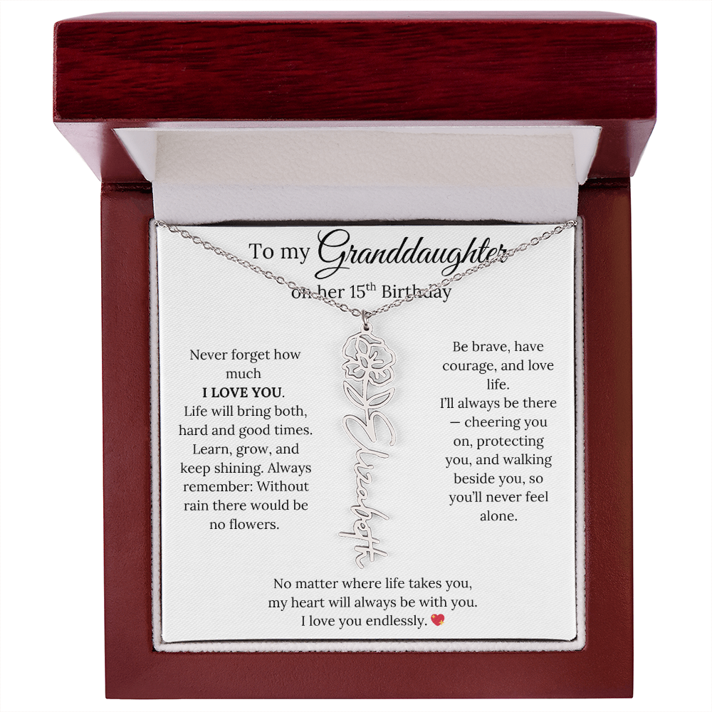 15th Birthday Gift For Granddaughter - Personalized Flower Name Necklace