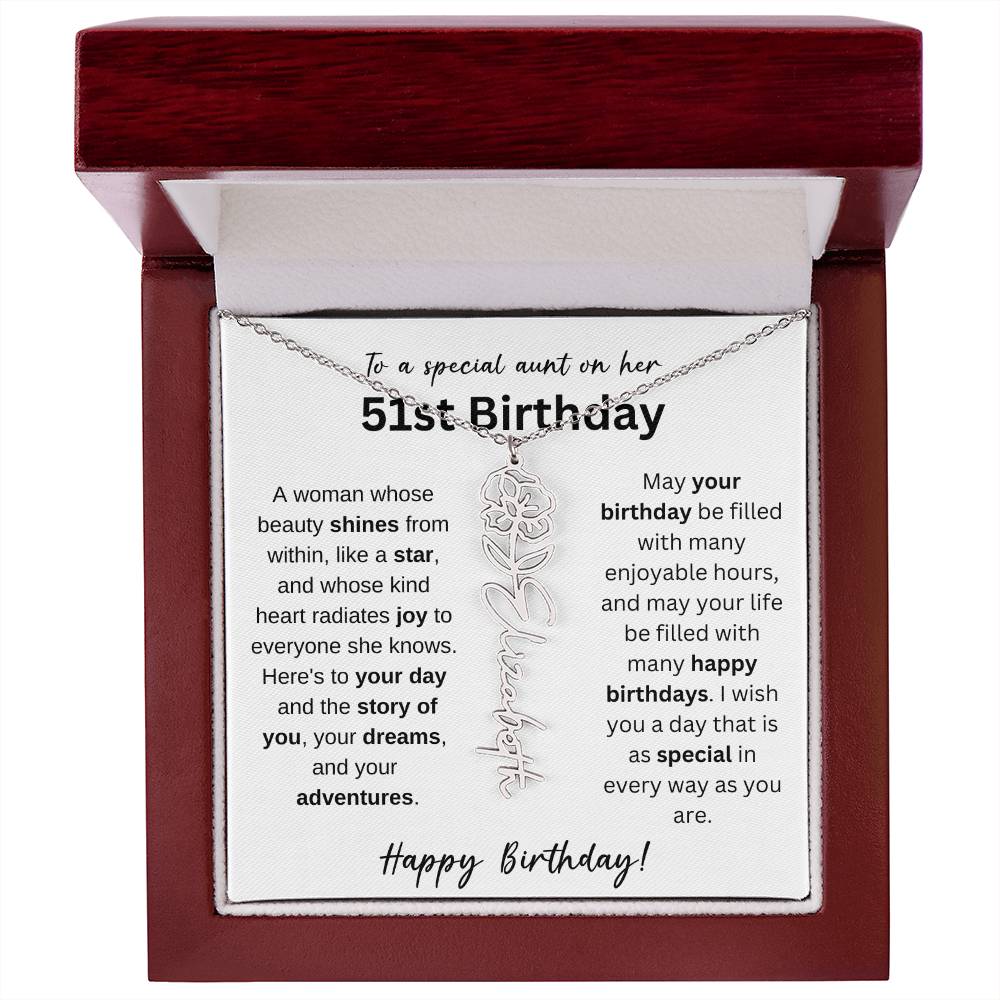 To A Special Aunt Happy 51st Birthday - Flower Name Necklace